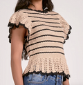 Short Sleeve Ruffle Top Sweater -Natural/Black
