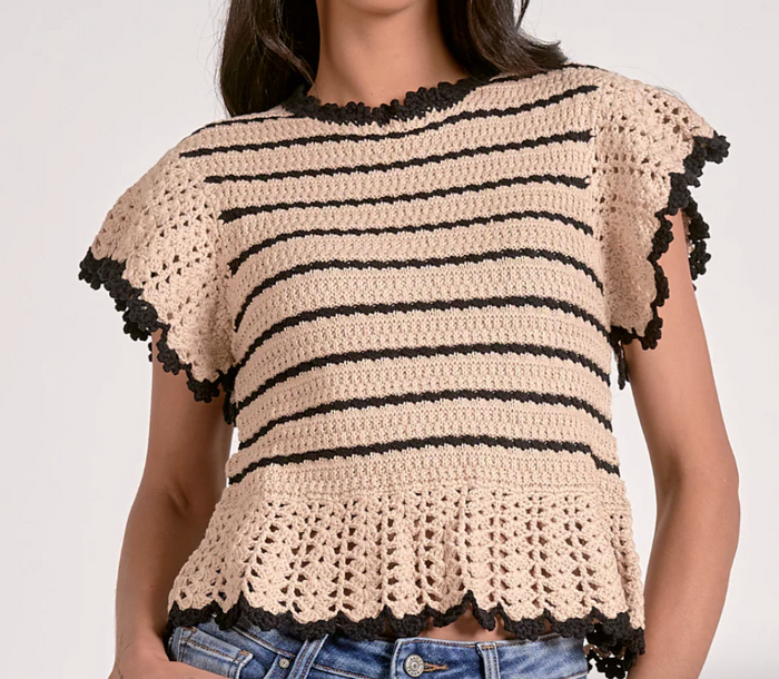 Short Sleeve Ruffle Top Sweater -Natural/Black