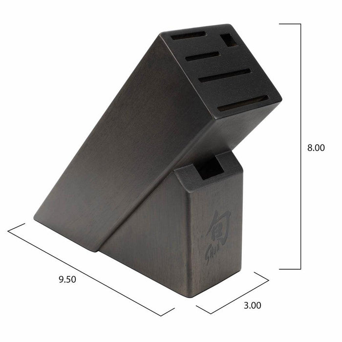 Shun Bamboo Slimline Block: 6-Slot / Dark Stain with dimensions on a white background