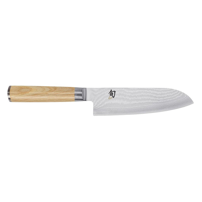 7 inch Shun Classic Blonde Santoku Knife displayed horizontally on a white background