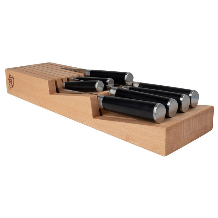 Shun In-Drawer Knife Tray 7-Slot with knives inserted tray displayed on a white background