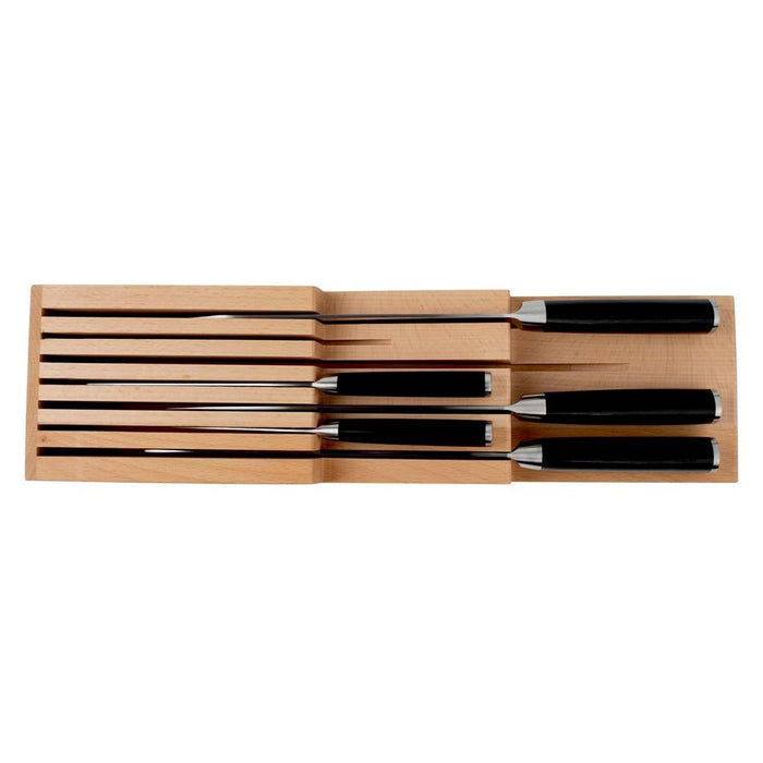Top view of Shun In-Drawer Knife Tray 7-Slot  with knives inserted on white background
