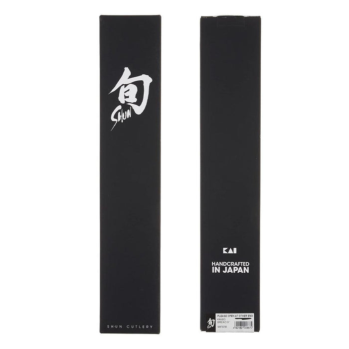 Black packaging of Shun Kanso Bread Knife - 9″ displayed vertically on a white background