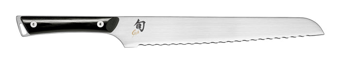 A 9-inch Shun Kazahana bread knife with wide undulating serrations and a polished black Pakkawood handle.