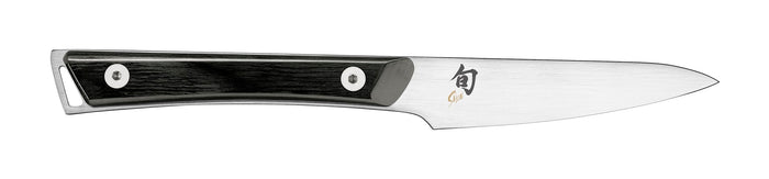 A Shun Kazahana 3.5-inch paring knife with a black wood handle and a satin-finished blade.