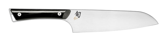 A Shun Kazahana 7-inch Santoku knife with a polished black wood handle and a satin finish stainless steel blade.