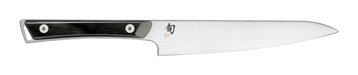 A Shun Kazahana 6-Inch Utility Knife with a straight blade and black wood handle.