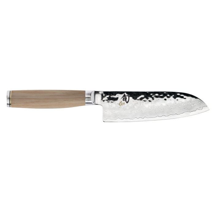 5.5 inch Shun santoku knife with blonde handle displayed horizontally on a white background