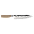 8 inch Shun premier chef knife with blonde handle displayed horizontally on a white background