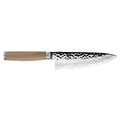 6 inch Shun premier chef knife with blonde handle displayed horizontally on a white background