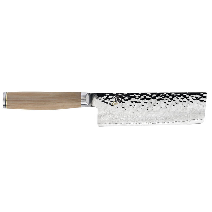 5.5 inch Shun premier nakiri knife with blonde handle displayed horizontally on a white background