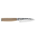 4 inch Shun premier paring knife with blonde handle displayed horizontally on a white background