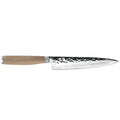 6.5 inch Shun Premier utility knife with blonde handle displayed horizontally on a white background