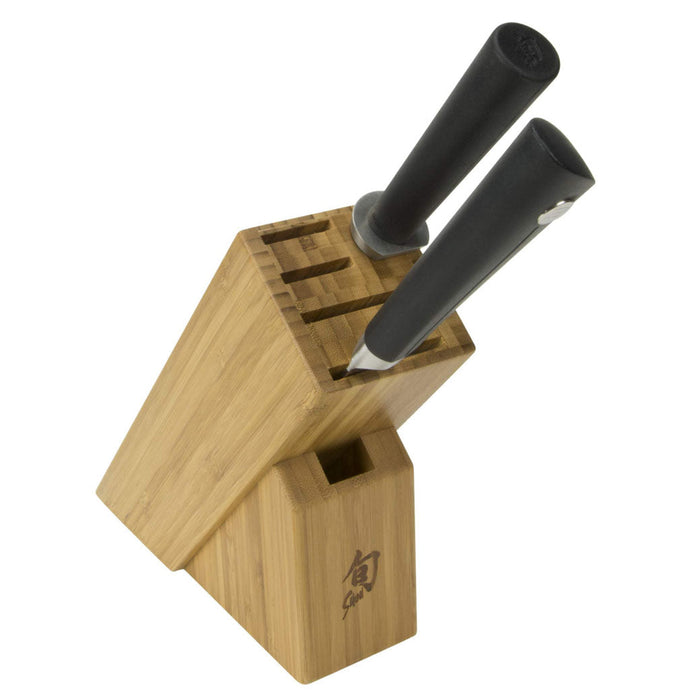 2 knives inserted in a knife block displayed on a white background