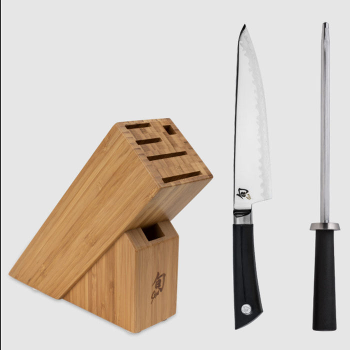 2 knives and knife block displayed on a white background
