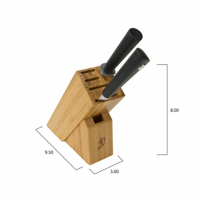 2 knives inserted into a knife block with dimensions displayed on a white background