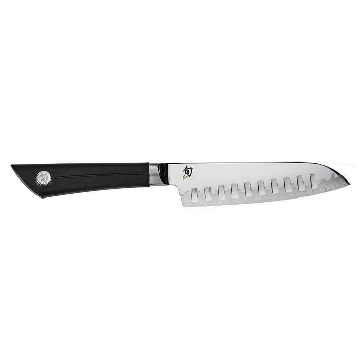 Shun Sora Hollow Edge Santoku Knife displayed horizontally on a white background