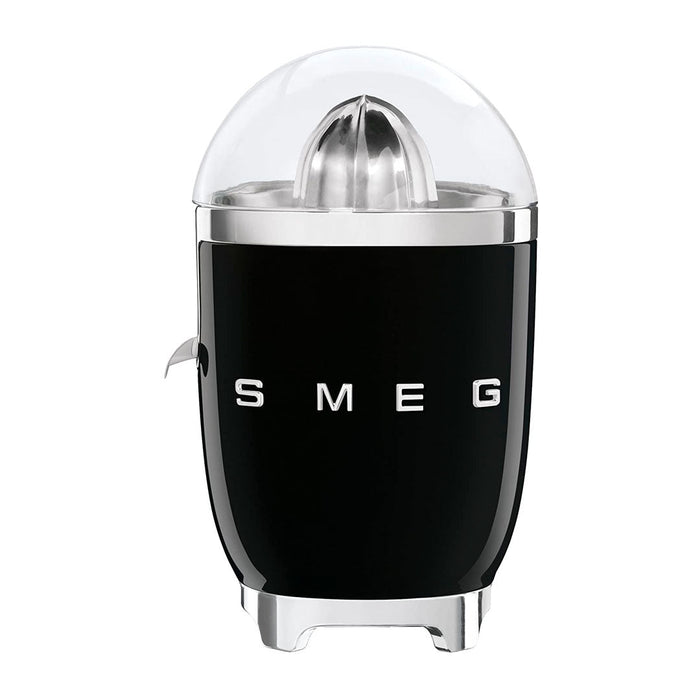 Front view of black Smeg 50s retro citrus juicer displayed on a white background