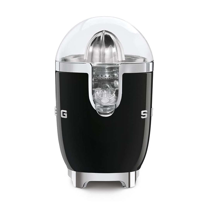 Side view of black Smeg 50s retro citrus juicer displayed on a white background