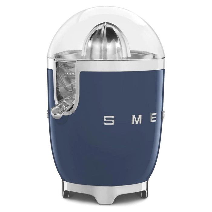 Side view of navy blue Smeg 50s retro citrus juicer displayed on a white background