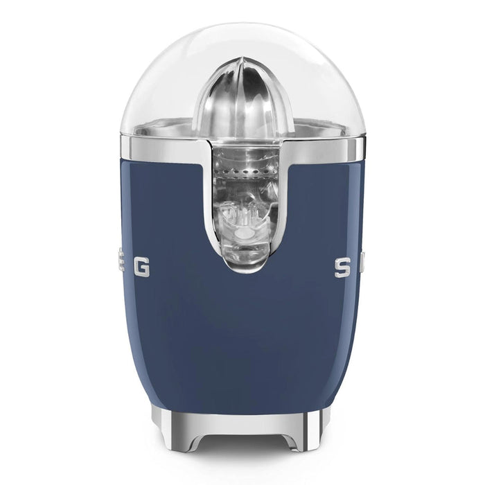 Side view of Navy blue Smeg 50s retro citrus juicer displayed on a white background