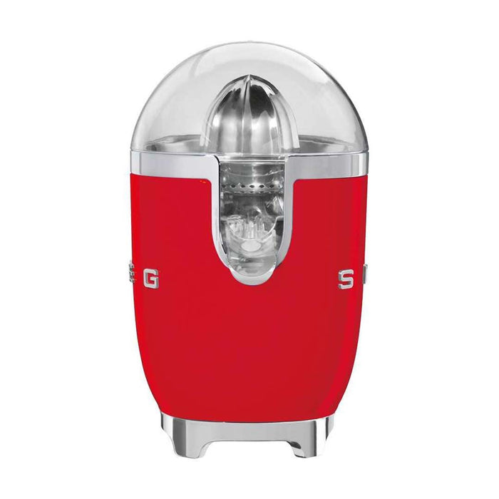 Side view of red Smeg 50s retro citrus juicer displayed on a white background