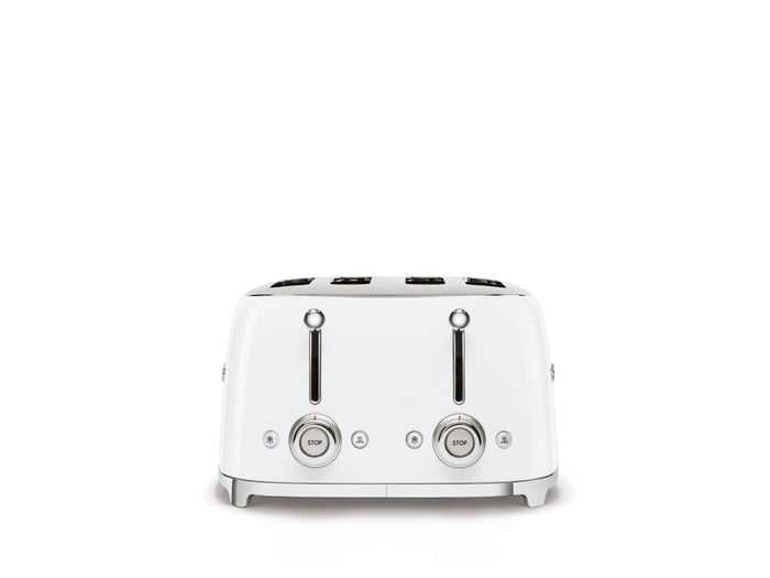 Front view of White 4 x 4 Smeg 50s retro line toaster with control dials displayed on a white background