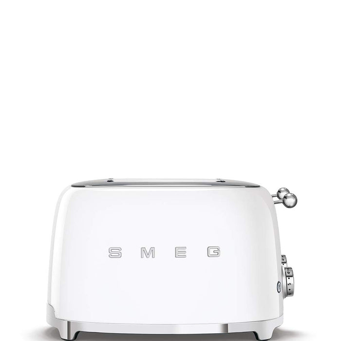 Side view of White 4 x 4 Smeg 50s retro line toaster displayed on a white background