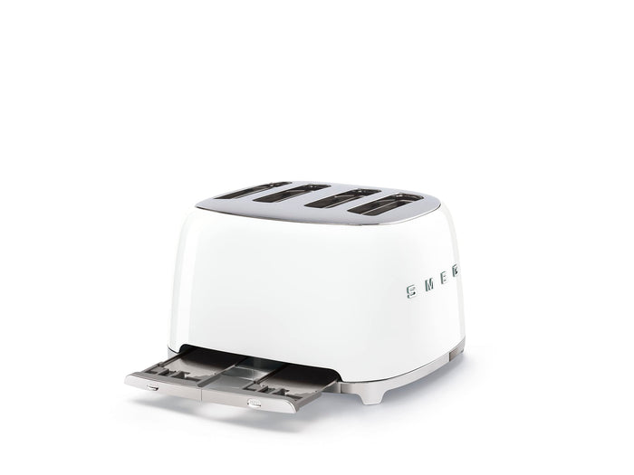 White 4 x 4 Smeg 50s retro line toaster with drawer open displayed on a white background