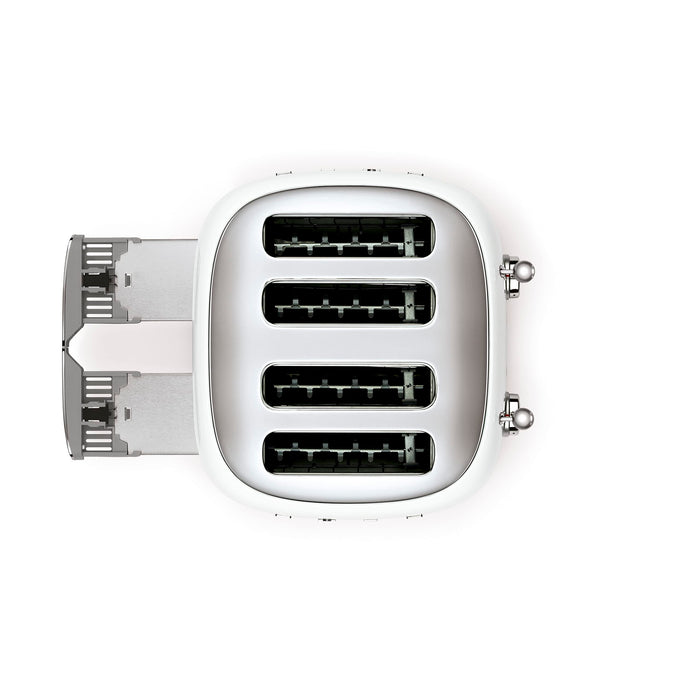 Top view of White 4 x 4 Smeg 50s retro line toaster with drawer open displayed on a white background
