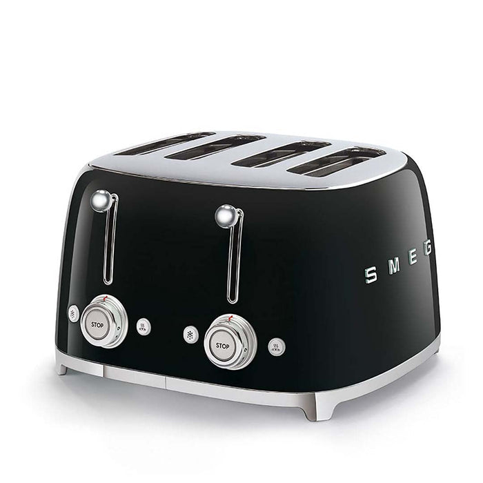 Black 4 x 4 Smeg 50s retro line toaster with 2 control dials displayed on a white background