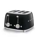 Black 4 x 4 Smeg 50s retro line toaster with 2 control dials displayed on a white background