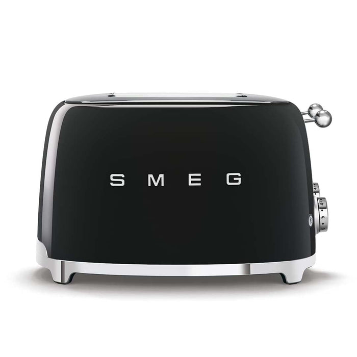 Side view of black 4 x 4 Smeg 50s retro line toaster displayed on a white background