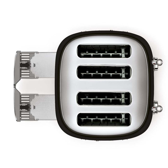 Top view of black 4 x 4 Smeg 50s retro line toaster with drawer open displayed on a white background
