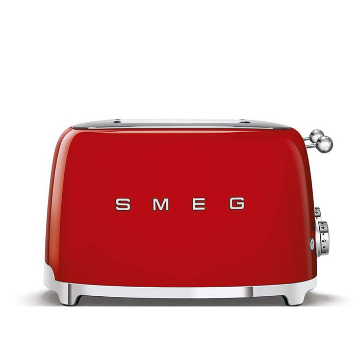 Side view of red 4 x 4 Smeg 50s retro line toaster displayed on a white background
