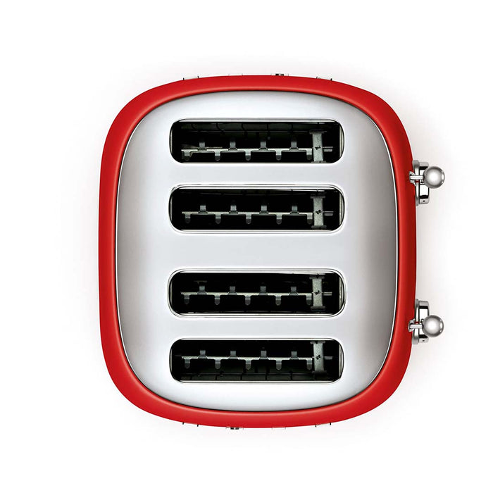 Top view of red 4 x 4 Smeg 50s retro line toaster displayed on a white background