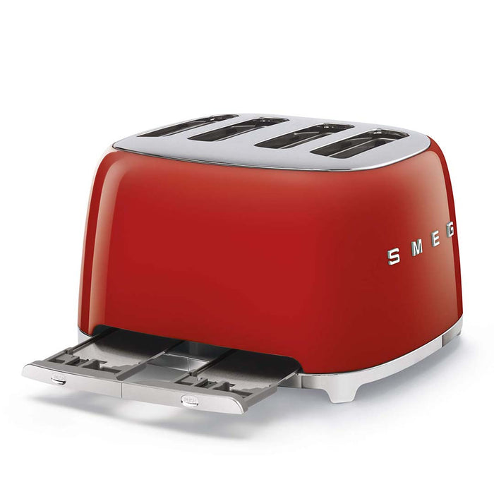Red 4 x 4 Smeg 50s retro line toaster with drawer open displayed on a white background