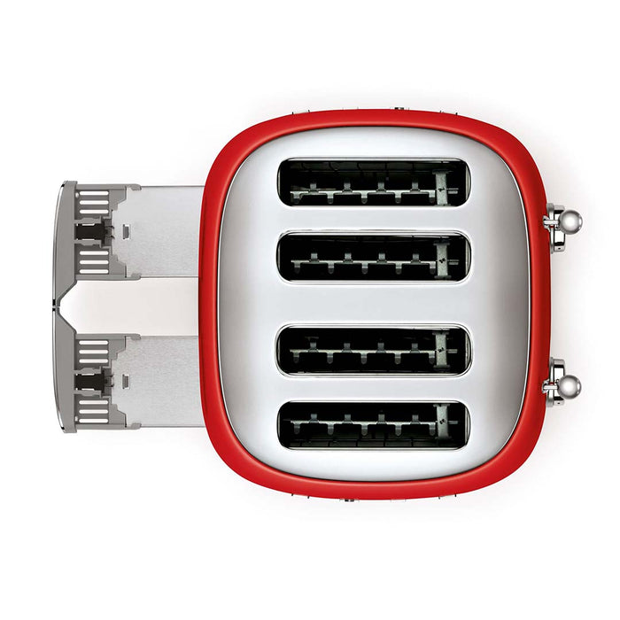 Top view of red 4 x 4 Smeg 50s retro line toaster with drawer open displayed on a white background