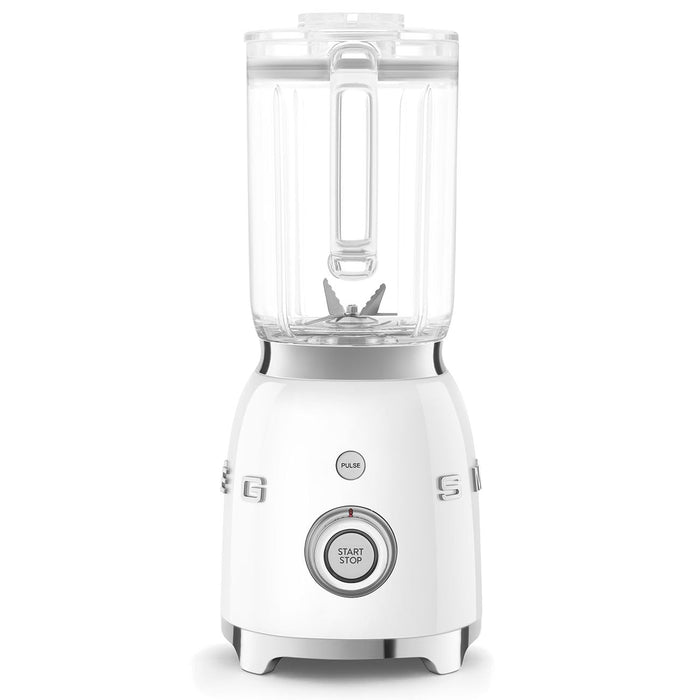 Side view of white Smeg 50s retro line blender with control dial displayed on a white background