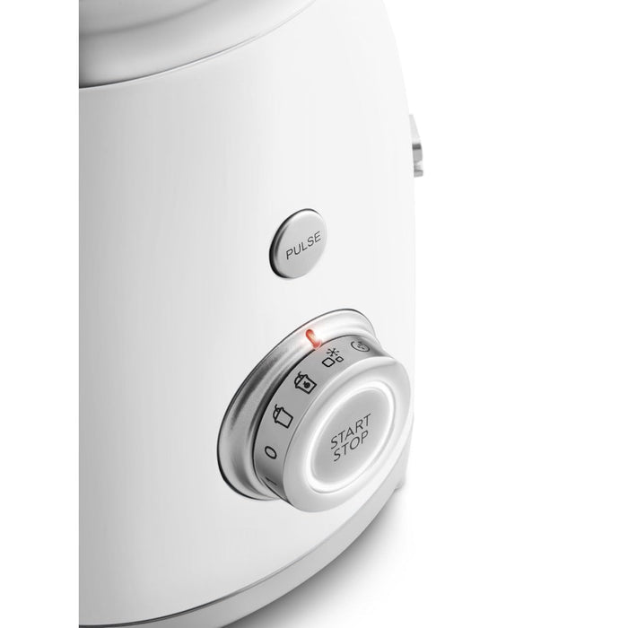 Control panel of a white Smeg 50s retro line blender with buttons labeled 'Pulse' and 'Start/Stop' on a white background.
