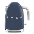 Front view of navy blue Smeg 50s retro line electric kettle displayed on a white background