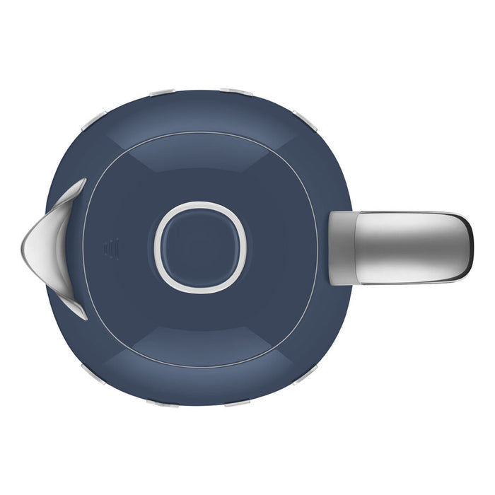 Top view of navy blue Smeg 50s retro line electric kettle displayed on a white background