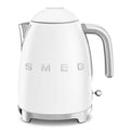Front view of white Smeg 50s retro line electric kettle displayed on a white background