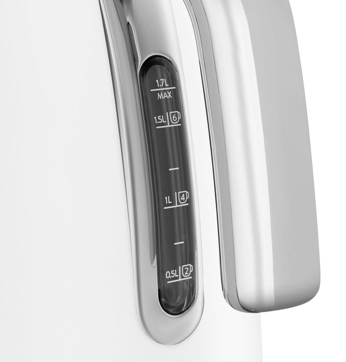 Close up of water measurement of white Smeg 50s retro line electric kettle