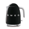 Front view of black Smeg 50s retro line electric kettle displayed on a white background