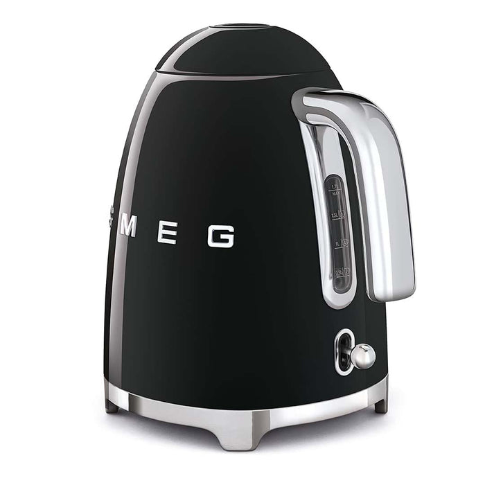 Black Smeg 50s retro line electric kettle with switch and liquid measurements displayed on a white background