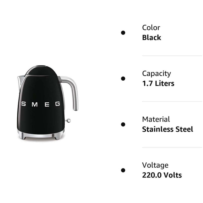 Black Smeg 50s retro line electric kettle with description information displayed on a white background