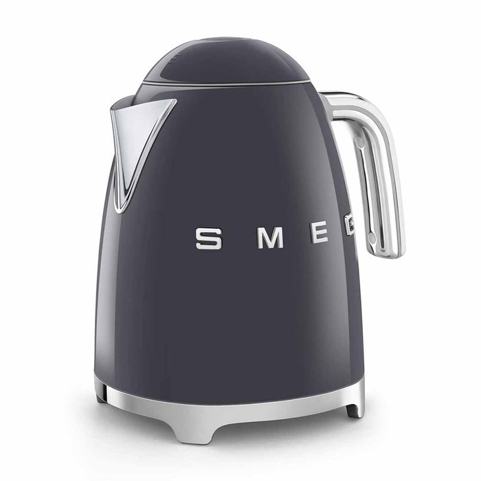 Gray Smeg 50s retro line electric kettle displayed on a white background