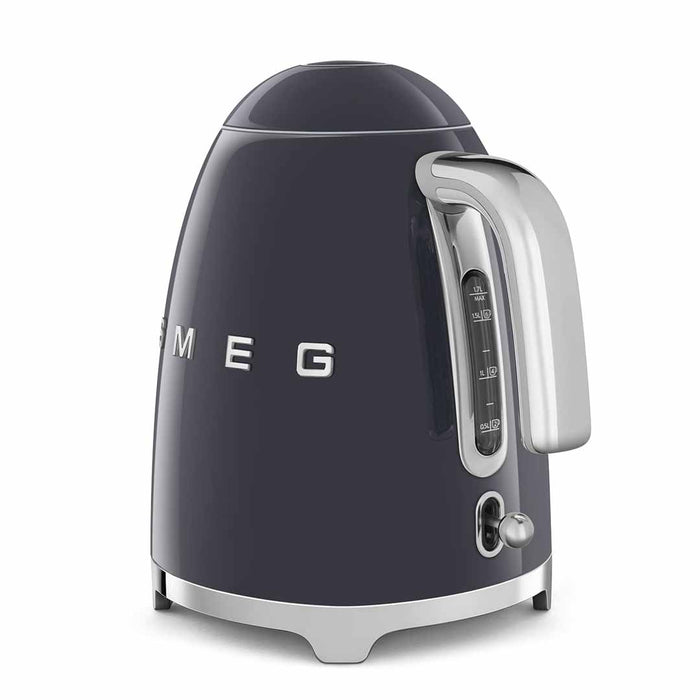 Side view of gray Smeg 50s retro line electric kettle displayed on a white background