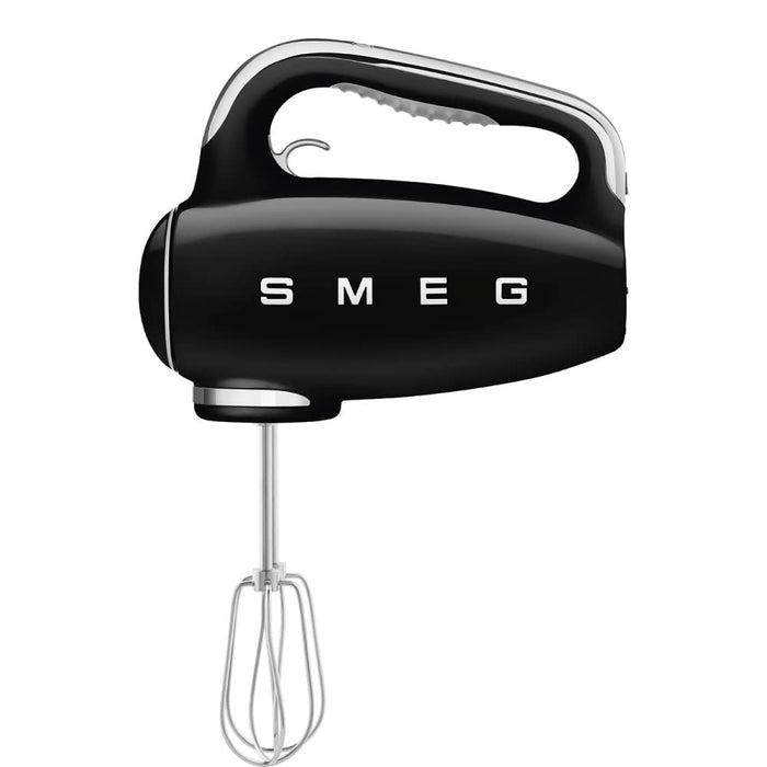 Front view of black hand mixer with SMEG logo on a white background